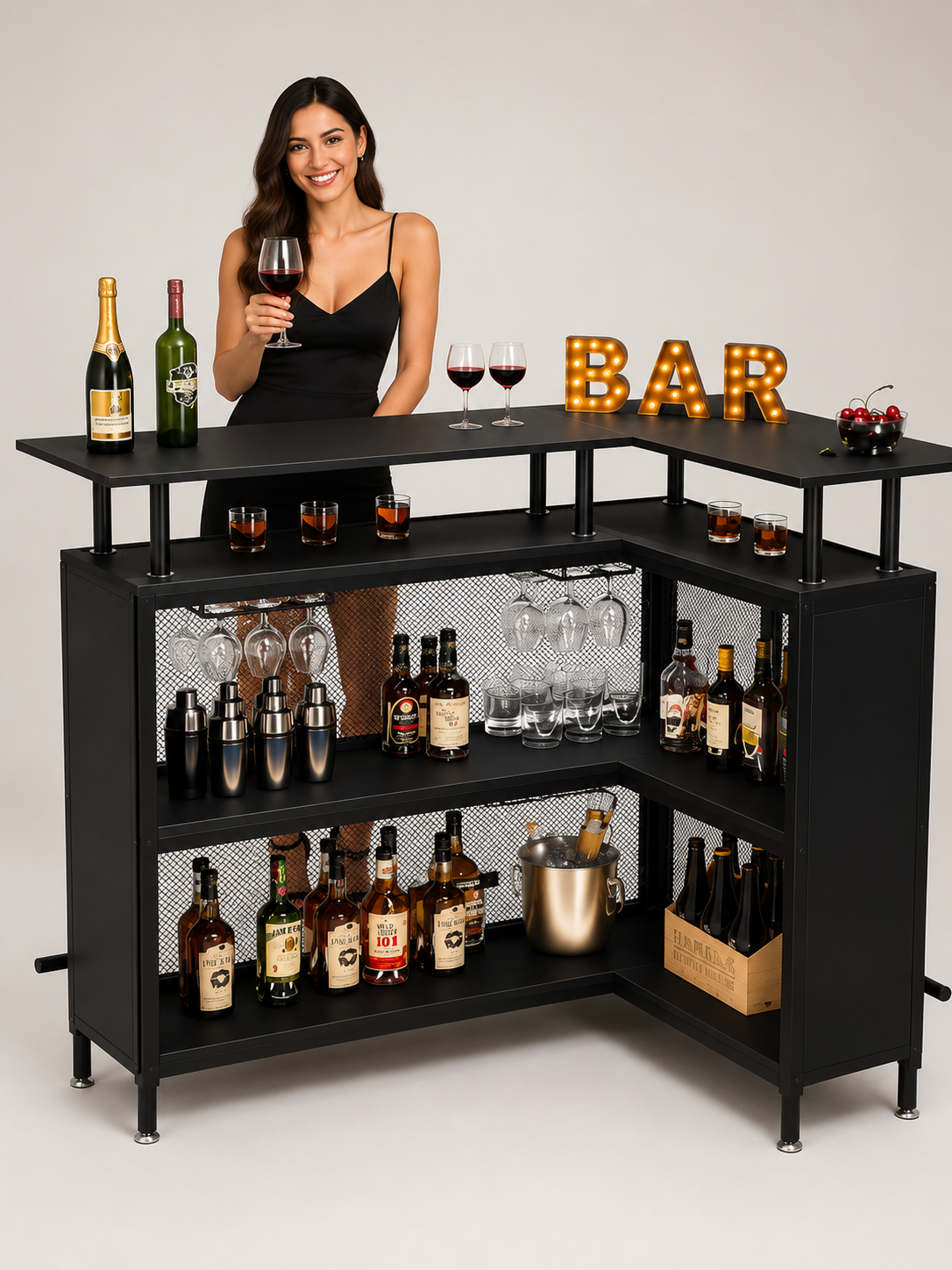 Modern Black L-Shaped Home Bar Cabinet with Raised Countertop