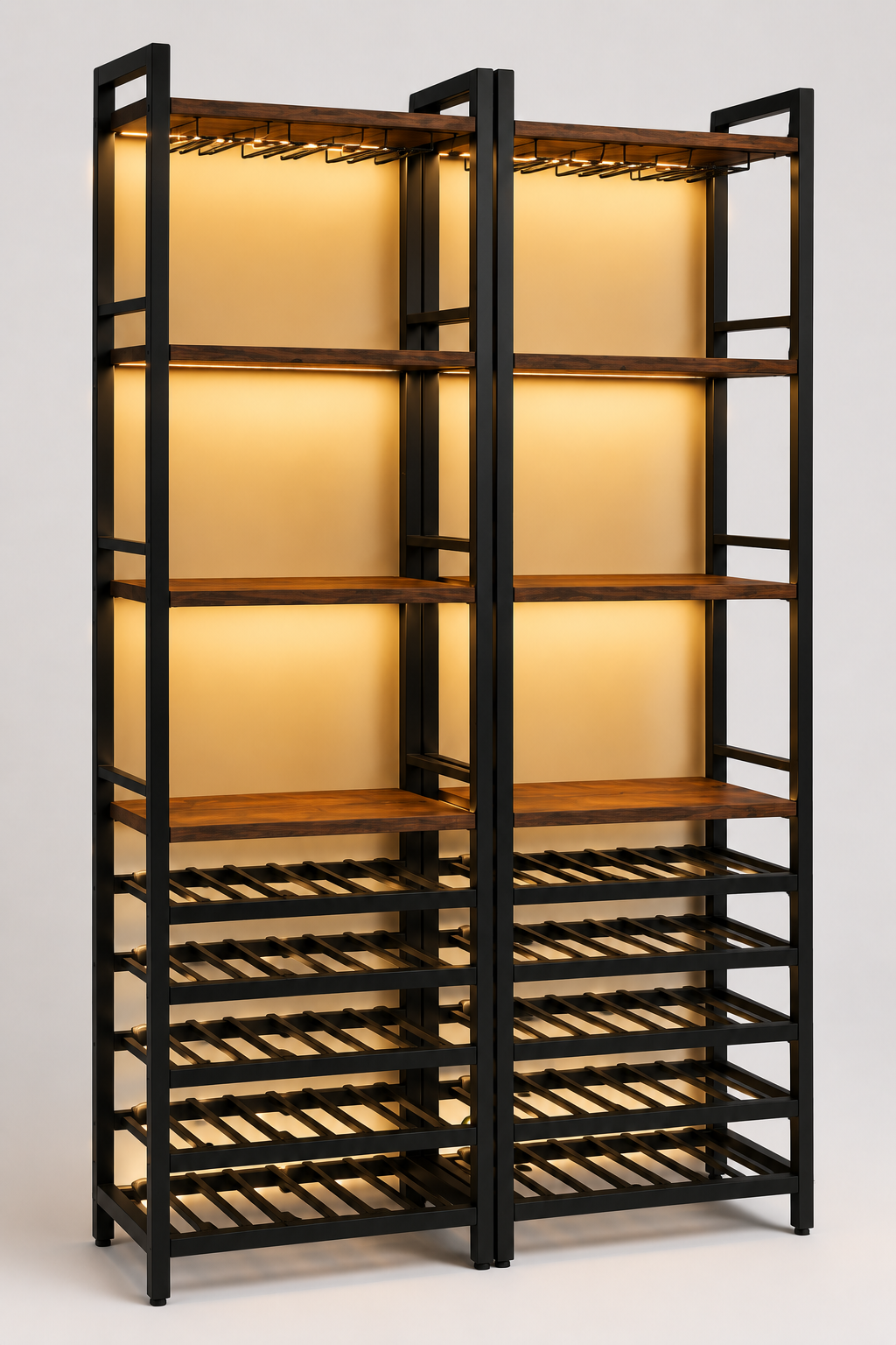 Industrial Black Metal & Wood LED-Lit Wine Rack Bar Cabinet