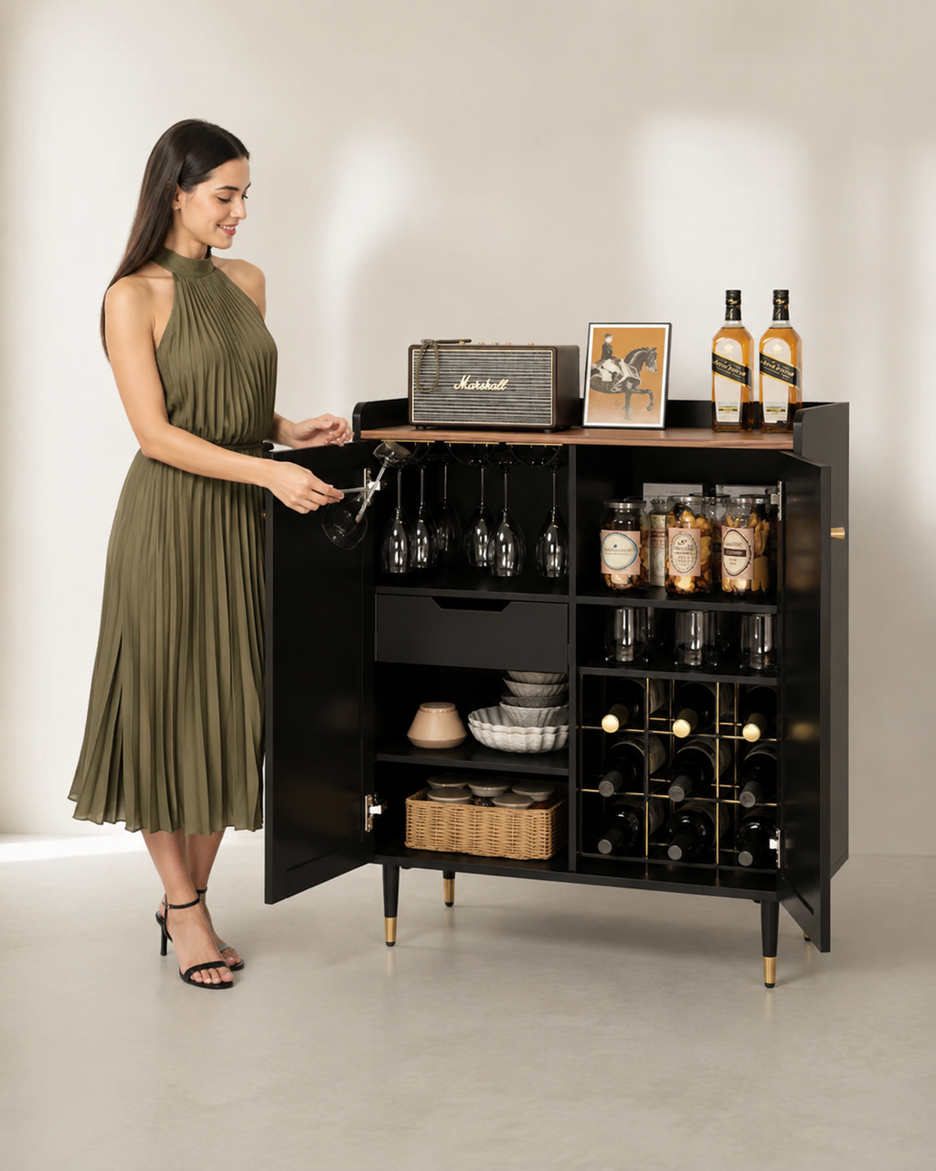 Modern Home Bar Cabinet with Wine Rack & Glass Storage