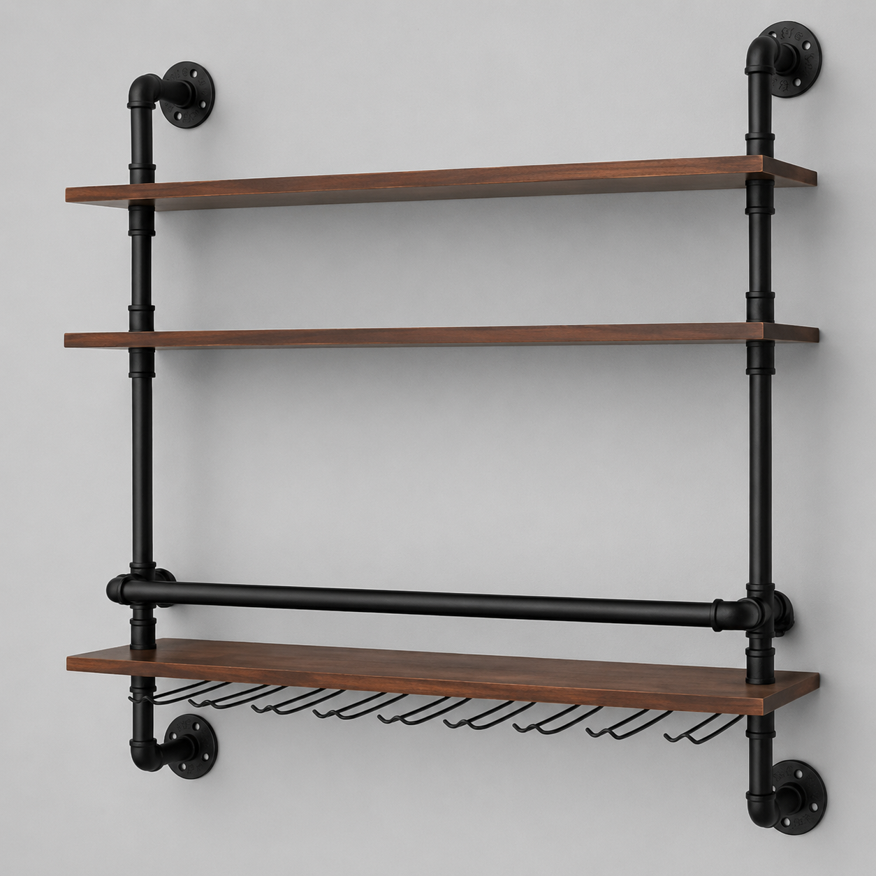 Industrial Pipe Wall Shelf with Stemware Rack