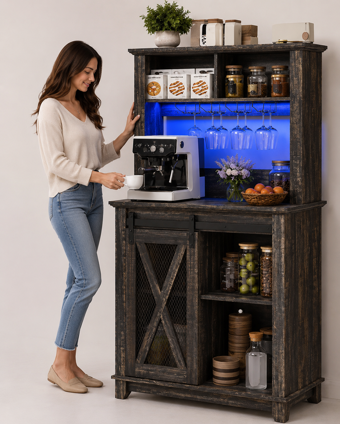 Rustic LED Coffee Bar Cabinet