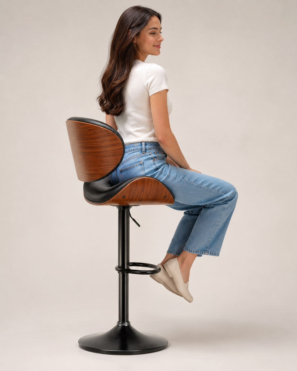 Modern Walnut & Black Swivel Bar Stool