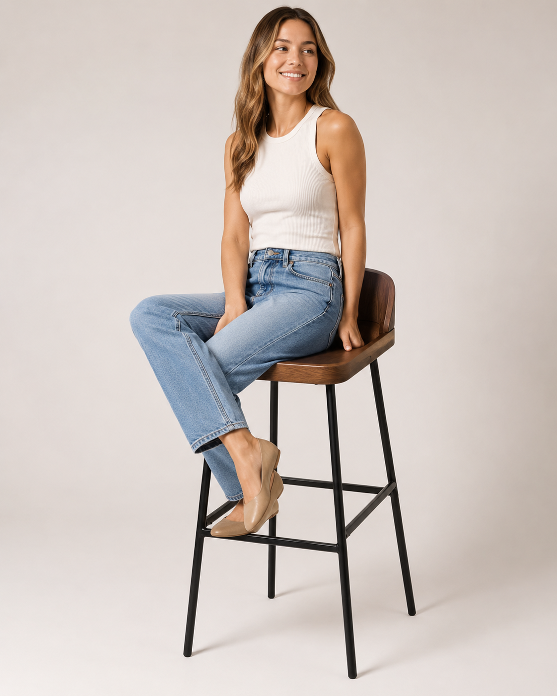 Walnut-Finish Bar Stool with Curved Backrest
