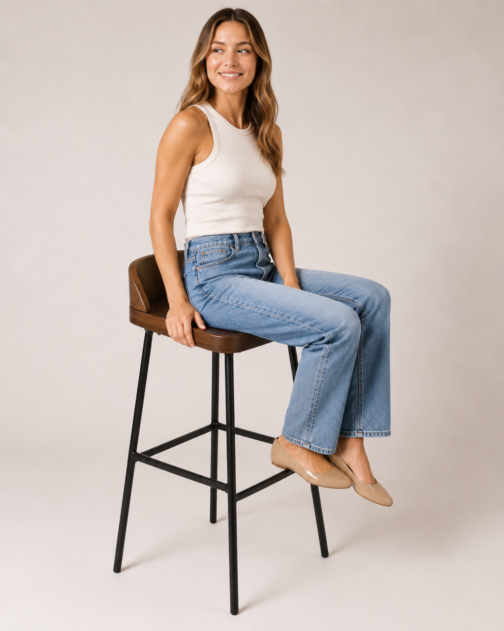 Walnut-Finish Bar Stool with Curved Backrest