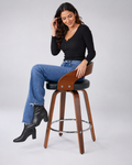Modern Walnut Bar Stool with Black Cushioned Seat