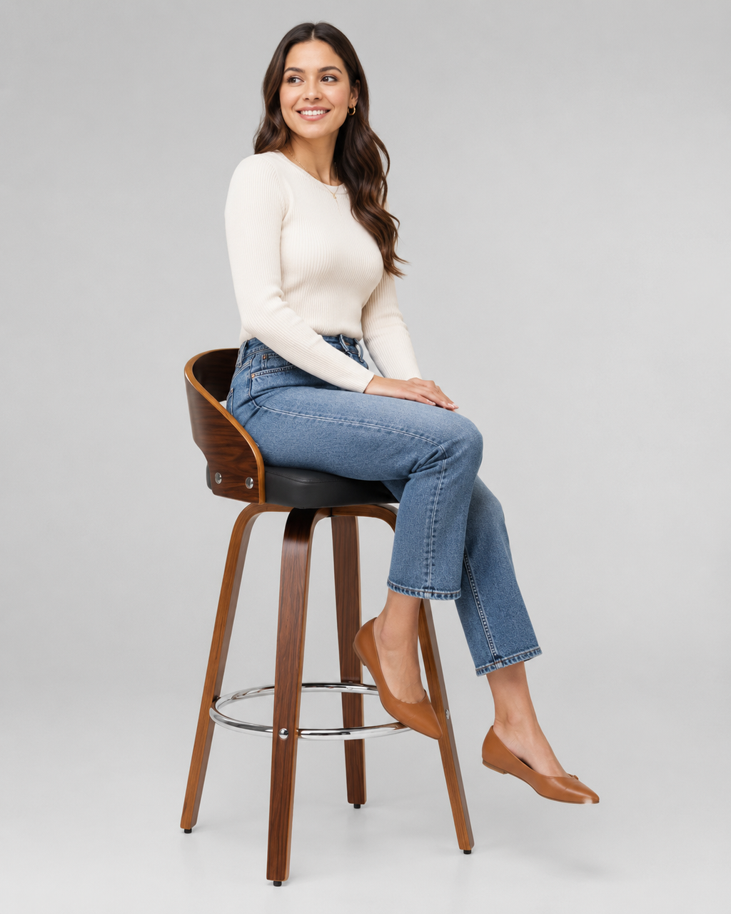 Modern Walnut Bar Stool with Black Cushioned Seat