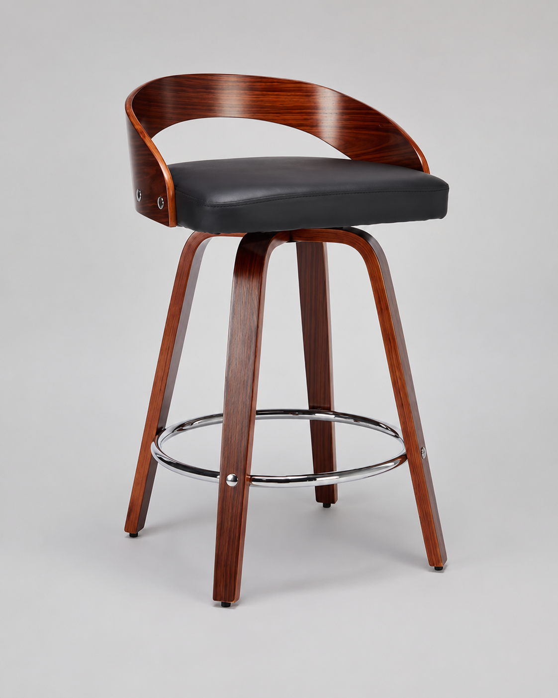 Modern Walnut Bar Stool with Black Cushioned Seat